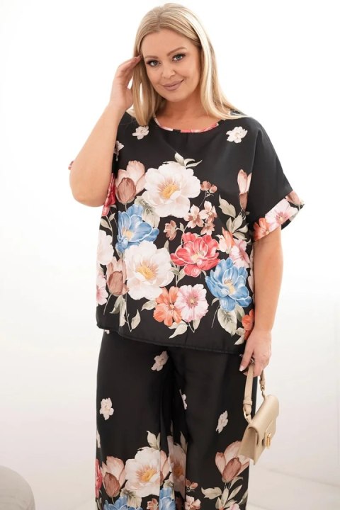 Komplet damski Plus Size z bluzką i spodniami w kwiaty z szeroką nogawką czarny