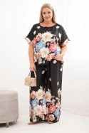 Komplet damski Plus Size z bluzką i spodniami w kwiaty z szeroką nogawką czarny