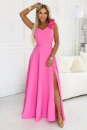 643-6 Elegancka wieczorowa suknia maxi z rozcięciem i różami - cukierkowy róż