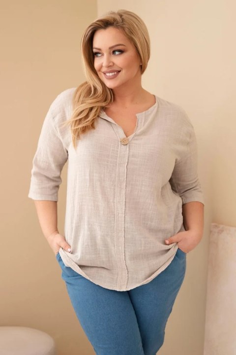 Bluzka damska bawełniana Plus Size z dekoltem na guziki beżowa