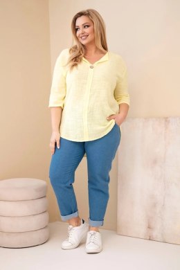 Bluzka damska bawełniana Plus Size z dekoltem na guziki żółta