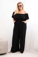 Kombinezon damski Plus Size z falbaną i krótkim rękawem czarny