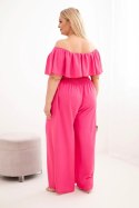 Kombinezon damski wiskozowy Plus Size hiszpanka z falbaną i szeroką nogawką różowy