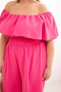 Kombinezon damski wiskozowy Plus Size hiszpanka z falbaną i szeroką nogawką różowy