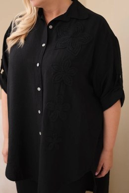 Koszula damska Plus Size z wiskozy z haftem kwiatowym czarna