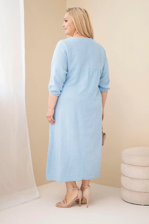 Sukienka damska Plus Size bawełniana muślinowa z dekoltem V niebieska