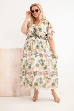 Sukienka damska Plus Size w kwiaty z wiązaniem khaki