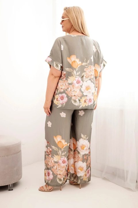 Komplet damski Plus Size z bluzką i spodniami w kwiaty z szeroką nogawką khaki