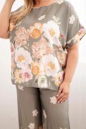 Komplet damski Plus Size z bluzką i spodniami w kwiaty z szeroką nogawką khaki