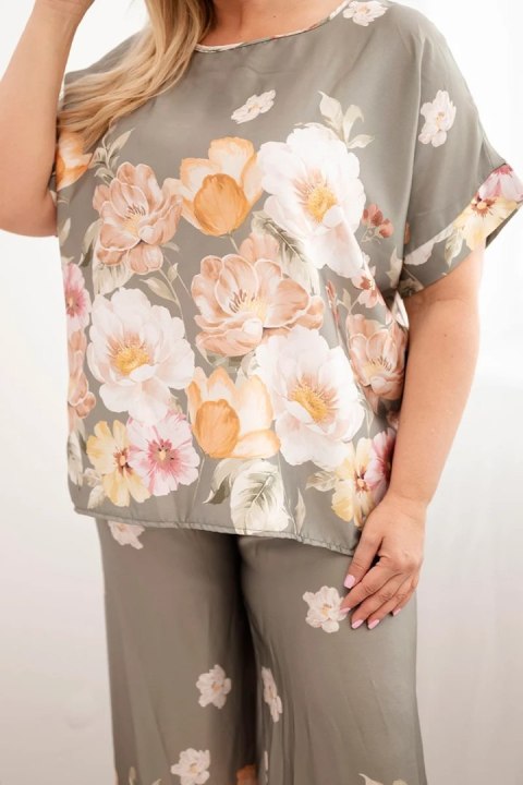 Komplet damski Plus Size z bluzką i spodniami w kwiaty z szeroką nogawką khaki