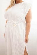Sukienka damska Plus Size wiskozowa plisowana z wiązaniem ecru