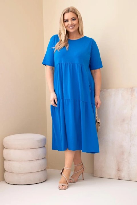 Sukienka damska bawełniana Plus Size z krótkim rękawem i falbaną chabrowa