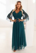 654-1 Długa połyskująca sukienka plus size z dekoltem i transparentnym rękawkiem - zieleń butelkowa