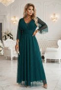 654-1 Długa połyskująca sukienka plus size z dekoltem i transparentnym rękawkiem - zieleń butelkowa