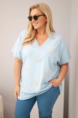 Bluzka damska bawełniana Plus Size z motylkami niebieska