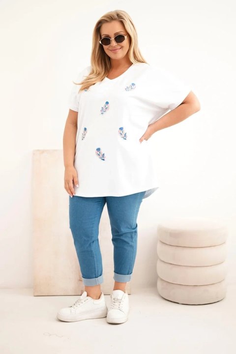 Bluzka damska bawełniana Plus Size z piórkami biała