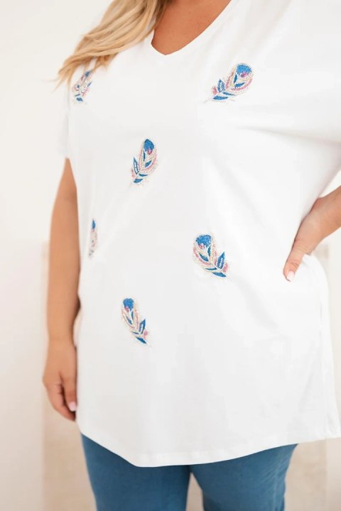 Bluzka damska bawełniana Plus Size z piórkami biała