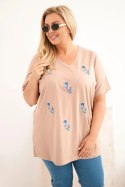 Bluzka damska bawełniana Plus Size z piórkami camelowa