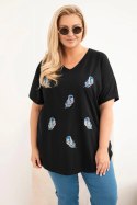 Bluzka damska bawełniana Plus Size z piórkami czarna
