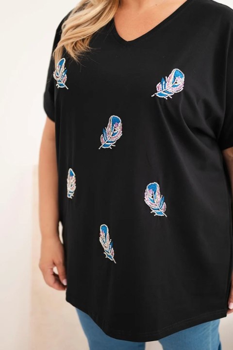 Bluzka damska bawełniana Plus Size z piórkami czarna