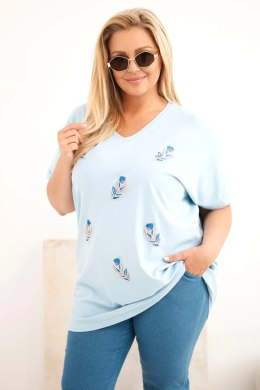 Bluzka damska bawełniana Plus Size z piórkami niebieska