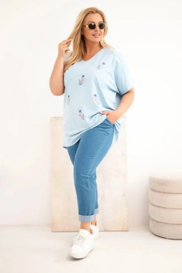 Bluzka damska bawełniana Plus Size z piórkami niebieska