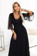654-5 Długa połyskująca sukienka plus size z dekoltem i transparentnym rękawkiem - czarna