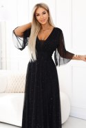 654-5 Długa połyskująca sukienka plus size z dekoltem i transparentnym rękawkiem - czarna