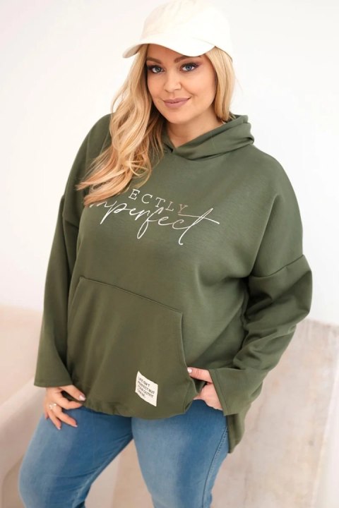Bluza damska Plus Size z kapturem i nadrukiem khaki