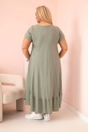 Sukienka damska plus size z krótkim rękawem i falbaną z lekkiej wiskozy khaki