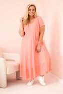 Sukienka damska plus size z krótkim rękawem i falbaną z lekkiej wiskozy różowa