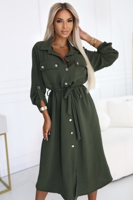 531-5 Szmizjerka midi ze złotymi guzikami i wiązaniem - KHAKI