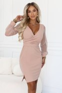 674-3 Elegancka dopasowana sukienka z kopertowym dekoltem, tiulowymi rękawami i rozcięciem - beżowa