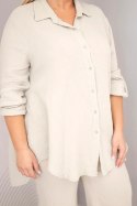 Komplet damski muślinowy Plus Size z koszulą zapinaną na guziki i spodniami z szeroką nogawką beżowy