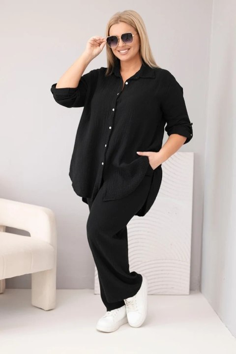 Komplet damski muślinowy Plus Size z koszulą zapinaną na guziki i spodniami z szeroką nogawką czarny