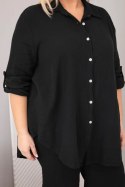 Komplet damski muślinowy Plus Size z koszulą zapinaną na guziki i spodniami z szeroką nogawką czarny