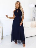 662-3 Elegancka sukienka wieczorowa maxi halter z tiulem i wiązaniem w talii - granatowa