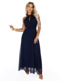 662-3 Elegancka sukienka wieczorowa maxi halter z tiulem i wiązaniem w talii - granatowa