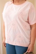 Bluzka damska bawełniana Plus Size z haftowanymi kwiatami cukierkowy róż