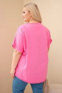 Bluzka damska bawełniana Plus Size z haftowanymi kwiatami różowa