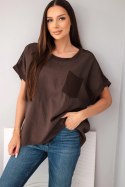 Bluzka damska bawełniana oversize z kieszenią i siateczką brązowa