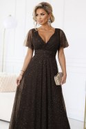 635-4 MELANIA długa błyszcząca suknia z dekoltem i krótkim rękawkiem - czekolada