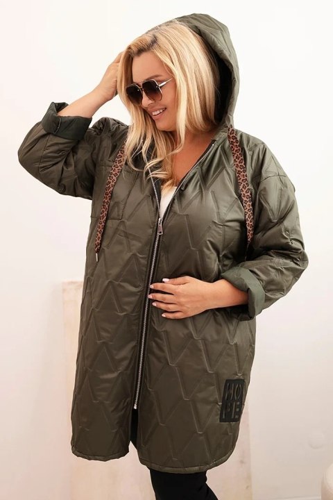 Kurtka damska Plus Size pikowana z kapturem i napisem HOPE khaki