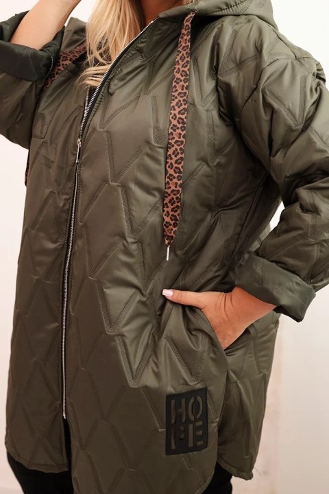 Kurtka damska Plus Size pikowana z kapturem i napisem HOPE khaki