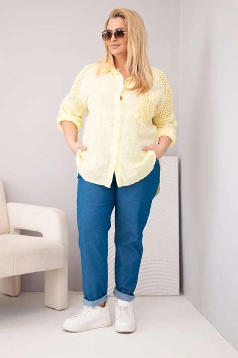 Koszula damska bawełniana Plus Size z kołnierzykiem i koronkową wstawką żółta
