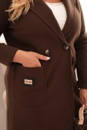 Płaszcz damski elegancki Plus Size z kołnierzem i dużymi kieszeniami brązowy