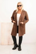 Płaszcz damski elegancki Plus Size z kołnierzem i dużymi kieszeniami czekoladowy