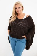 Sweter damski ażurowy oversize z dekoltem V i dłuższym tyłem brązowy