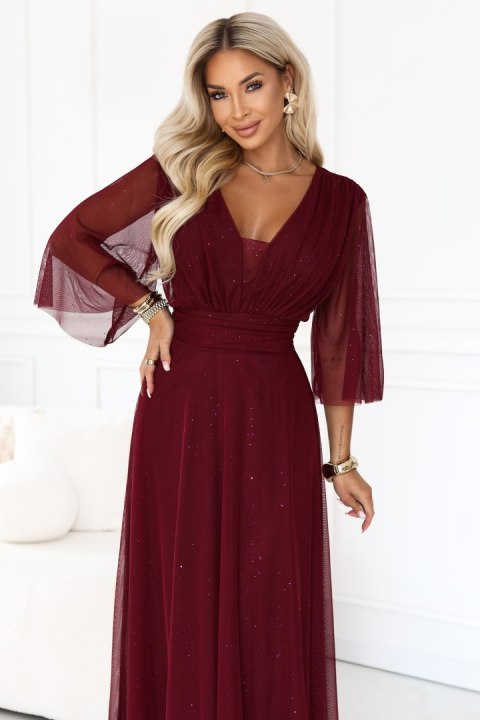 654-6 Długa połyskująca sukienka plus size z dekoltem i transparentnym rękawkiem - bordowa