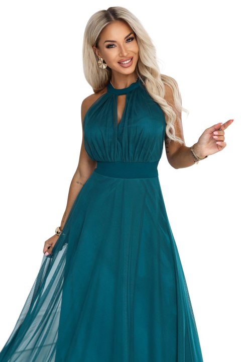 662-4 Elegancka sukienka wieczorowa maxi halter z tiulem i wiązaniem w talii - zielona
